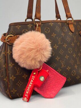 NEW Red & Pink Woven Pouch Pom Pom Starbucks Cup Bag Charm Keychain Set